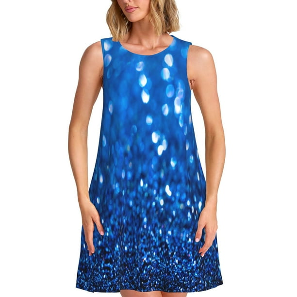 Fotbe A Blue Glitter Vestido de Verano sin Mangas para Mujer – Vestido Midi Línea A, Estilo Camiseta Floral, Vestido Playero Casual y Fluido