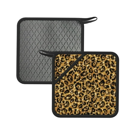 

2pcs Silicone Anti-Hot Hot Pads Oven Mitts Heat Resistant Pot Holders With Pockets Non Slip Oven Glove Potholder For Kitchen Cooking Bbq Baking 7.1in Gold Glitter Beauty Leopard Pattern