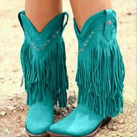 

Women Pointed Toe Sand Velvet Fringed Boots Mid Tube Square Heeled Mid Heel Boots