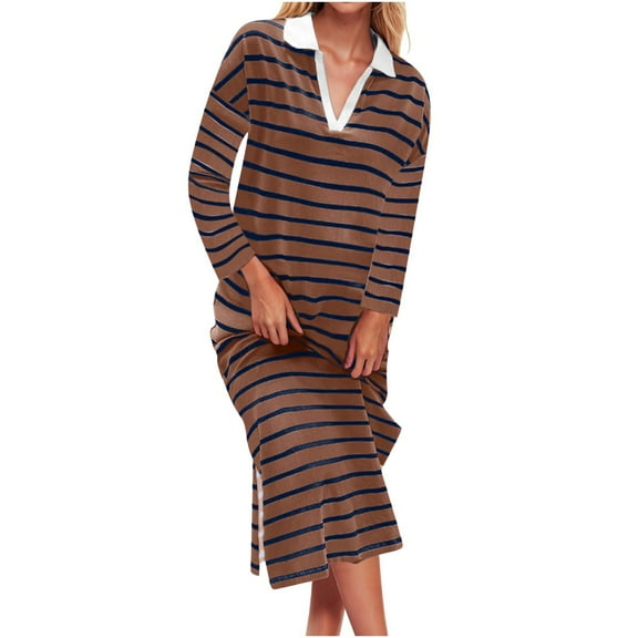 Womens Striped T-Shirts Dresses Casual Long Sleeve V Neck Loose Fit Split Knit Maxi Dress