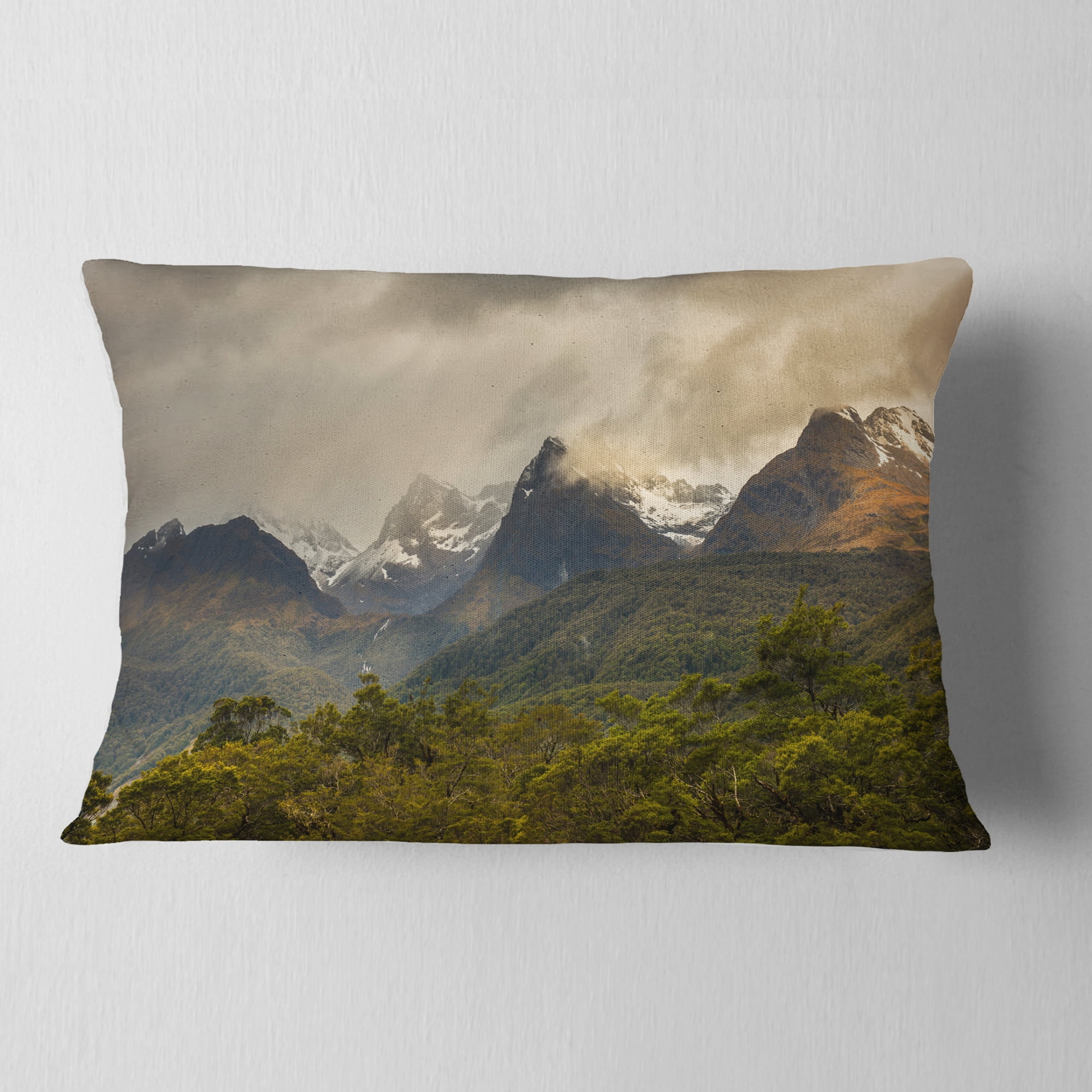 Designart Green Mountains under Stormy Clouds - Landscape Printed Throw Pillow - 12x20