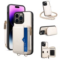 Feishell Crossbody Wallet Case for Apple iPhone 15 Pro,Zipper Pocket Case with Card Holder,Premium PU Leather Purse Back Kickstand Phone Case with Detachable Shoulder Strap,White