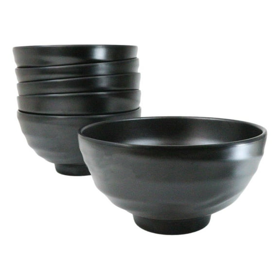 Pack Of 6 Modern Ridged Matte Black Melamine Deep Ramen Soup Pasta Bowls 46oz