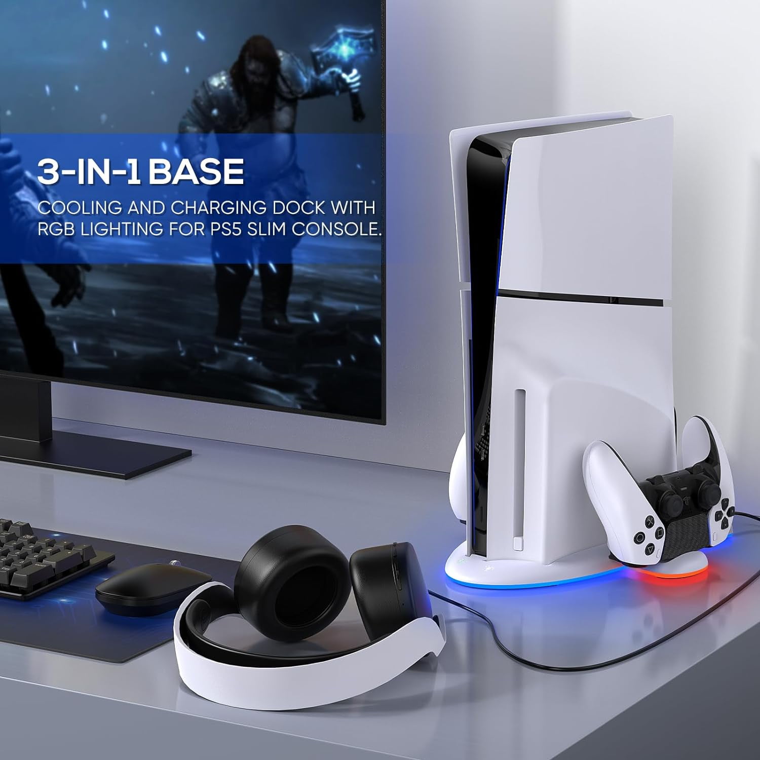 Charging Stand with Cooling Fan for PS5 Slim Console, Dual Controller Charger Station with 9 RGB Light for DualSense/Edge, Quiet Cooling System Accessories for Playstation5 Slim Digital/Disc thumbnail 4