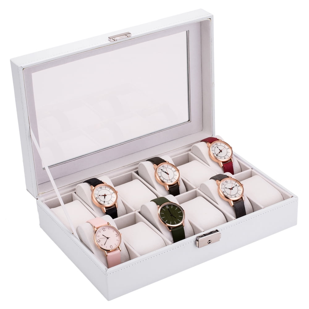 Kepooman 12 Slot Watch Box, PU Leather Case Organizer with Jewelry Drawer, White
