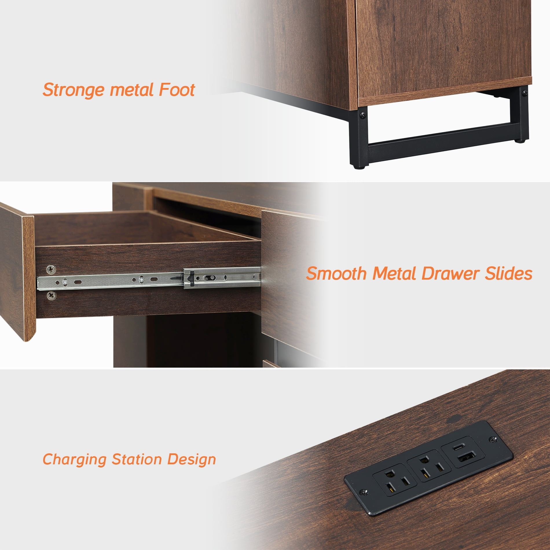 WAMPAT 59" Rustic Brown Modern Executive Desk with Drawers & Charging Station, Wood Computer Writing Desk with File Drawer, Study Table for Bedroom, Living Room & Home Office