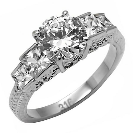 Trustmark 5-Stone Ice on Fire CZ Engraved Scroll-work Stainless Steel Engagement Ring, Basanti sz