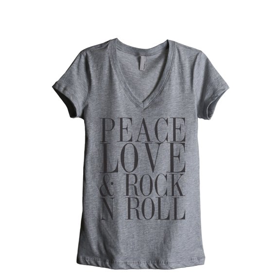 Thread Tank Peace Love And Rock n Roll Women's Relaxed V-Neck T-Shirt Tee Heather Grey Small