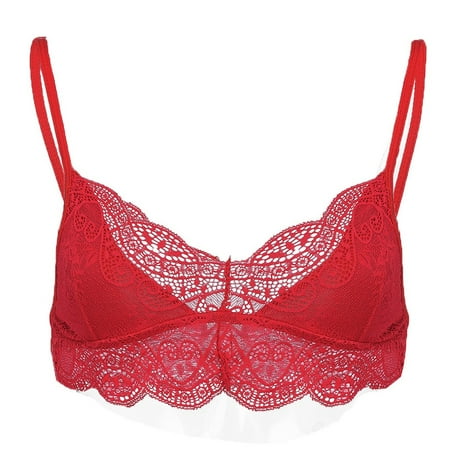 

DNDKILG Womens Wirefree Eyelash Bra Lace Plunge Bras Adjustable Strap V Neck Everyday Bralette Red S