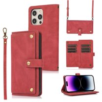 Feishell Crossbody Wallet Case for Apple iPhone 13 Pro 6.1 inch,for Women Men,Retro PU Leather Magnetic Button Flip Stand Credit Card Holder Phone Case with Adjustable Shoulder Strap,Red