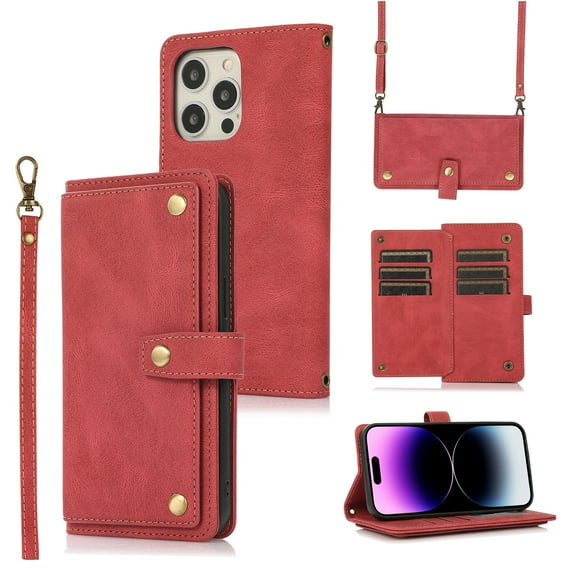 Feishell Crossbody Wallet Case for Apple iPhone 13 Pro 6.1 inch,for Women Men,Retro PU Leather Magnetic Button Flip Stand Credit Card Holder Phone Case with Adjustable Shoulder Strap,Red