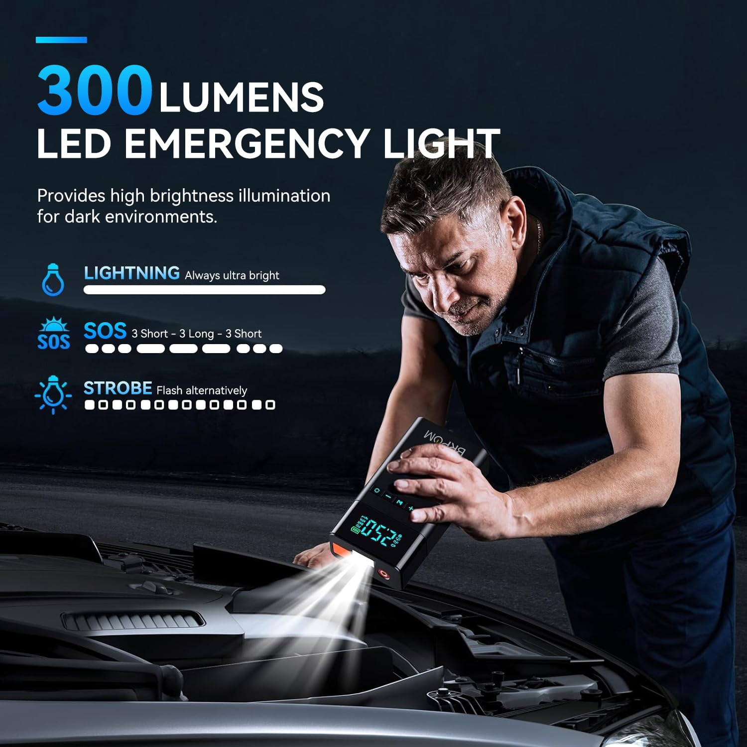 BRPOM 8500A Portable Car Battery Jump Starter with Air Compressor, 150PSI Portable Car Jumper Starter (All Gas/12L Diesel Engines), 12V Lithium Jump Box with LCD Display, LED Lights, Jumper Cables