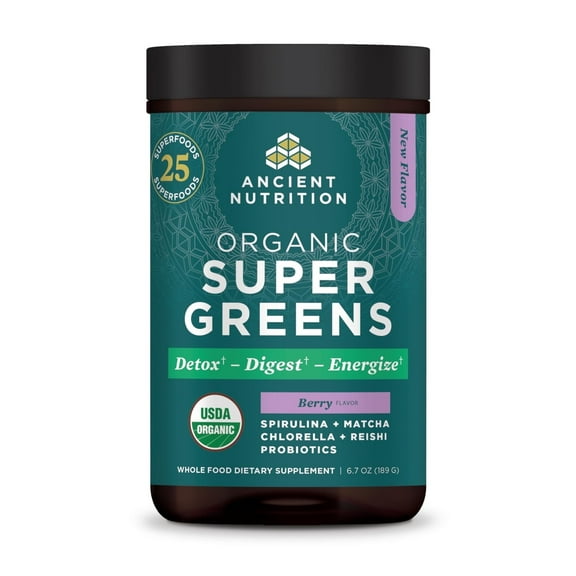 Ancient Nutrition SuperGreens Powder with Probiotics, Organic Berry Flavor Greens, Made from Real Fruits, Vegetables and Herbs, Digestive and Energy Support, 25 Servings, 6.7oz