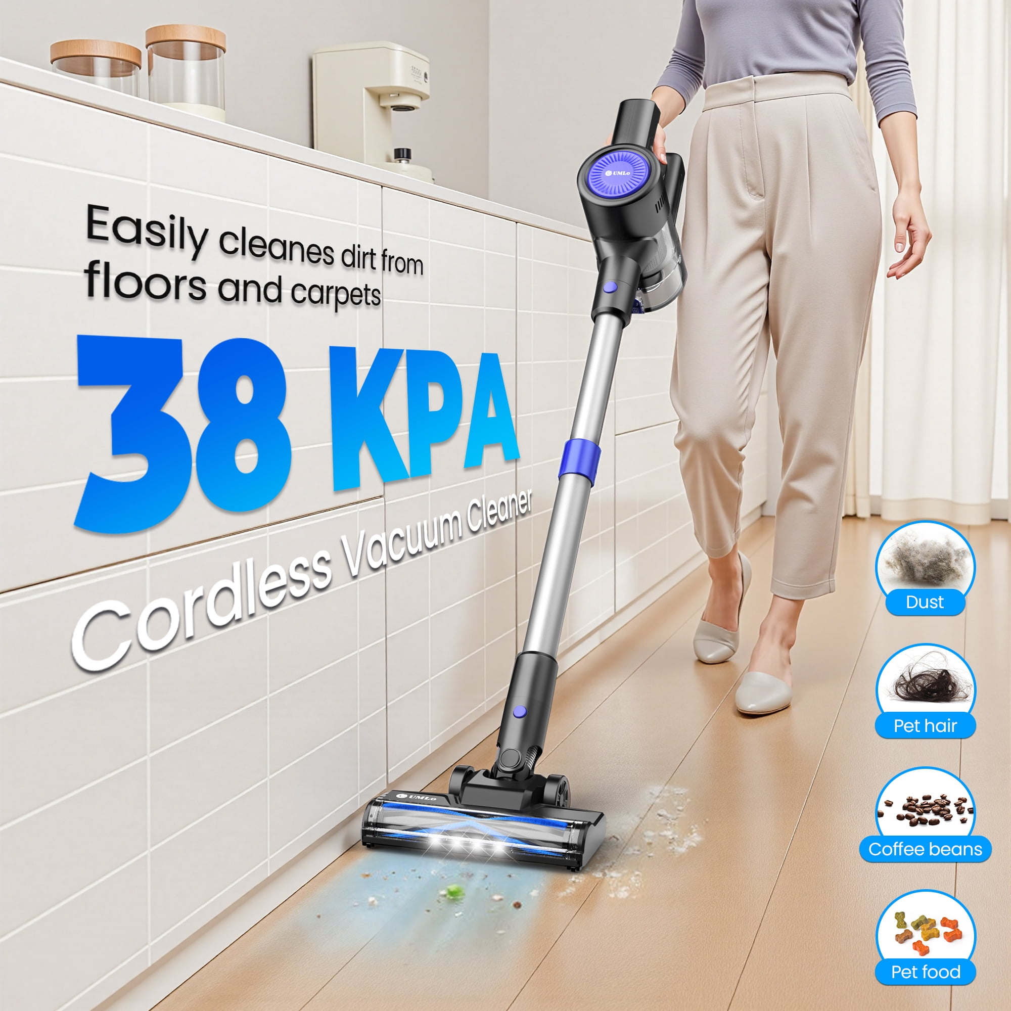 UMLo Cordless Vacuum Cleaner, 38000Pa/400W 50min 6-in-1 Lightweight Stick Vacuum Cleaners for Home Pet Hair Car Hardwood Floor Carpets, S500 Blue