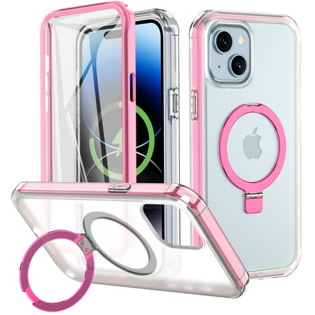 CASEFIV for iPhone 14 Case, iPhone 13 Case with Magnetic Invisible Stand [Compatible with MagSafe] Built-in Screen Protector Military Drop Protection Shockproof Slim Translucent Case Cover, Rose