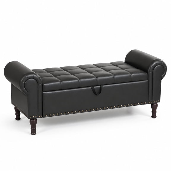 51 Inch PU Leather Storage Ottoman Bench with Rolled Arms, Upholstered for Bedroom Living Room Entryway, Black