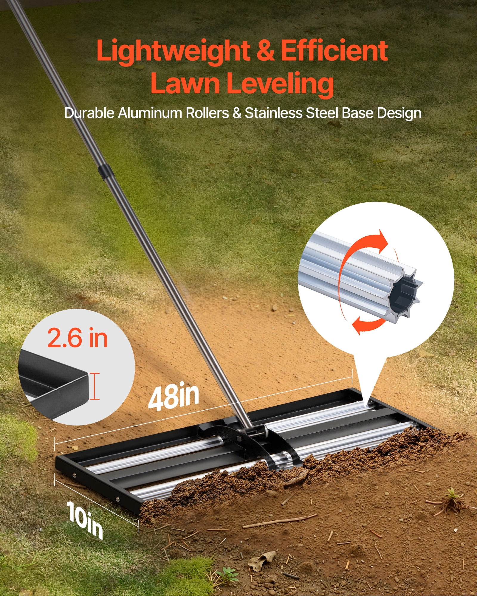 VEVOR Updated Lawn Leveling Rake with Roller, 48'' x 10" Stainless Steel Lawn Leveler with 83.9'' Adjustable Handle, Heavy Duty Yard Leveling Rake,Effort Saving Lawn Leveling Tool for Yard Golf Court