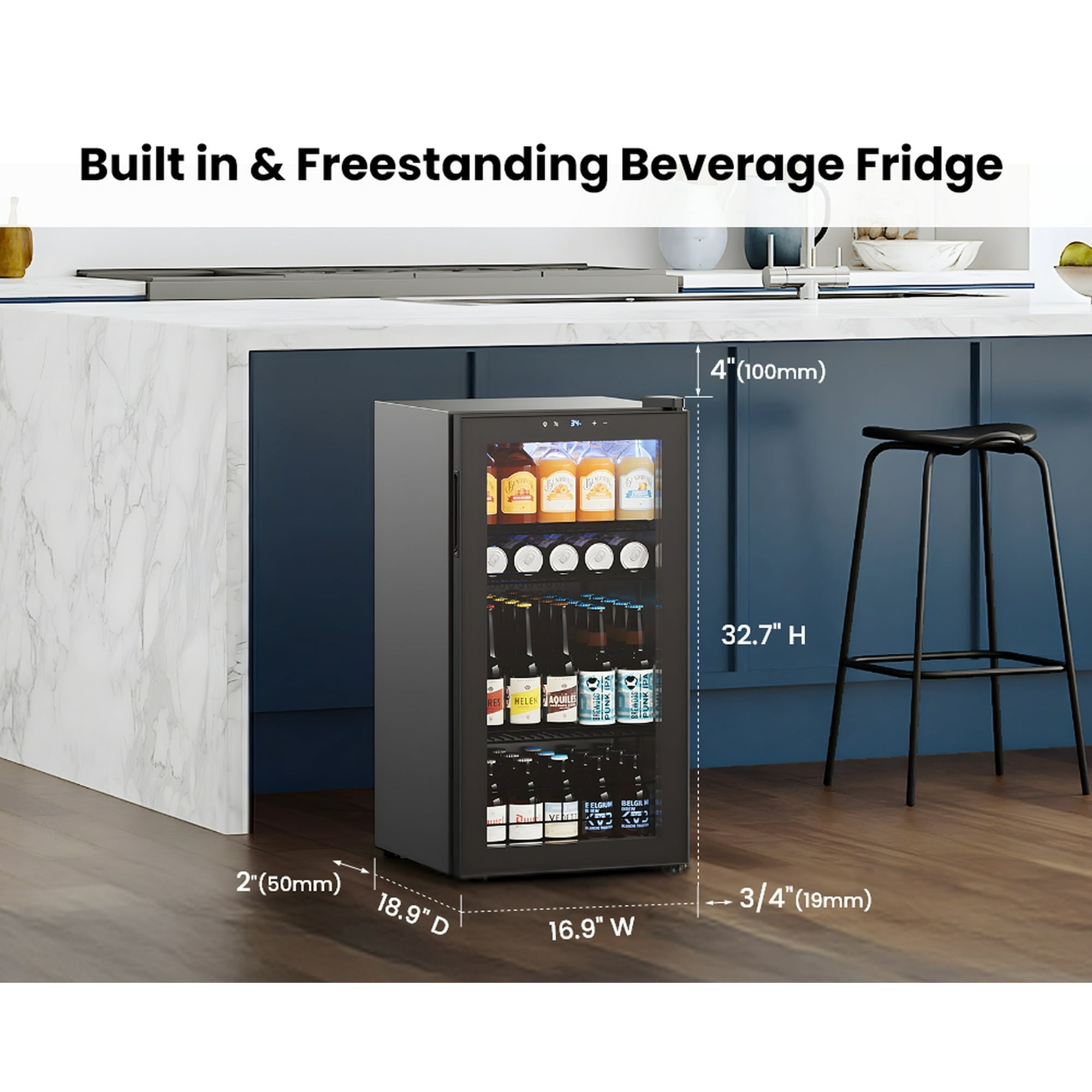 Yeego 105 Can Beverage Refrigerator Cooler, 3.1 cu.ft. Beverage Fridge with Glass Door for Home/Bar/Office, Black