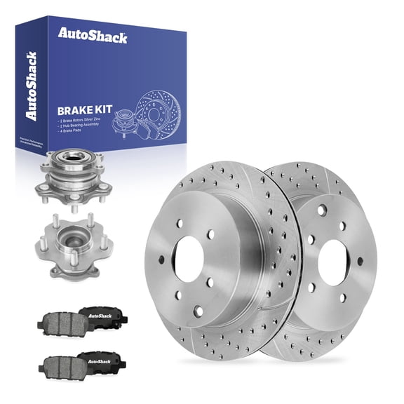 AutoShack Rear Vented Drilled & Slotted Silver Zinc Coated Brake Rotors   Ceramic Pads   Hub Bearing Assembly 8-PC Brake Kit Replacement for 2015-2022 Nissan Murano SilverShield Pro 12.13" (308 mm)