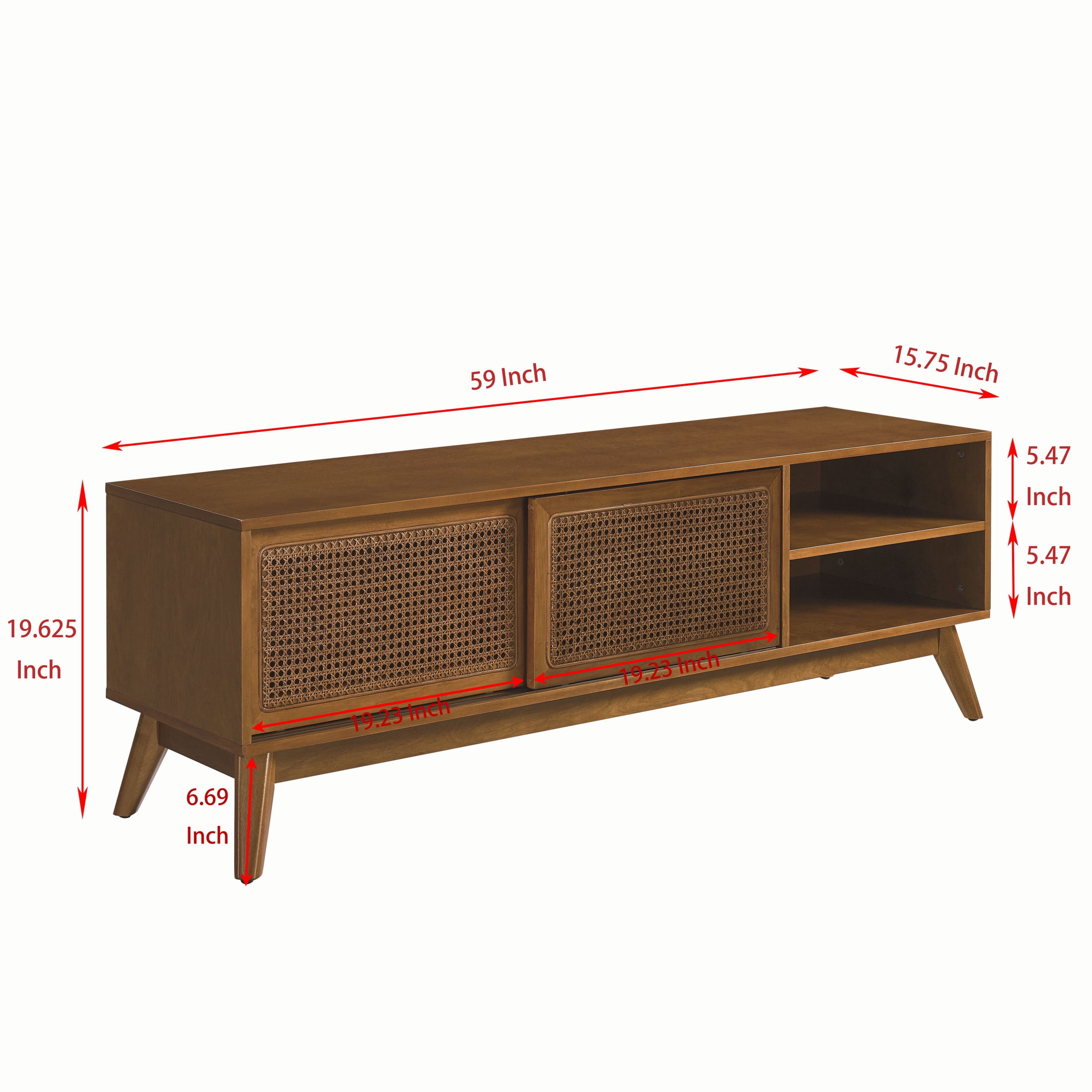 Noble House 59" Mid-Century Rattan TV Stand, Entertainment Cabinet with Sliding Doors, for Living Room, Brown Ebony