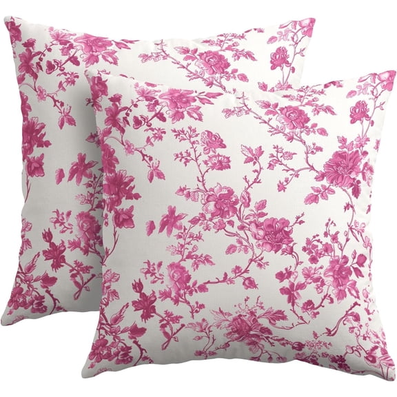 Hot Pink Floral Pillow Covers 16x16 Inch Set of 2 Pink and Cream Chinoiserie Flower Outdoor Decorative Throw Pillows Vintage Rustic Toile Pillowcases Cushion Covers for Couch Home Decor