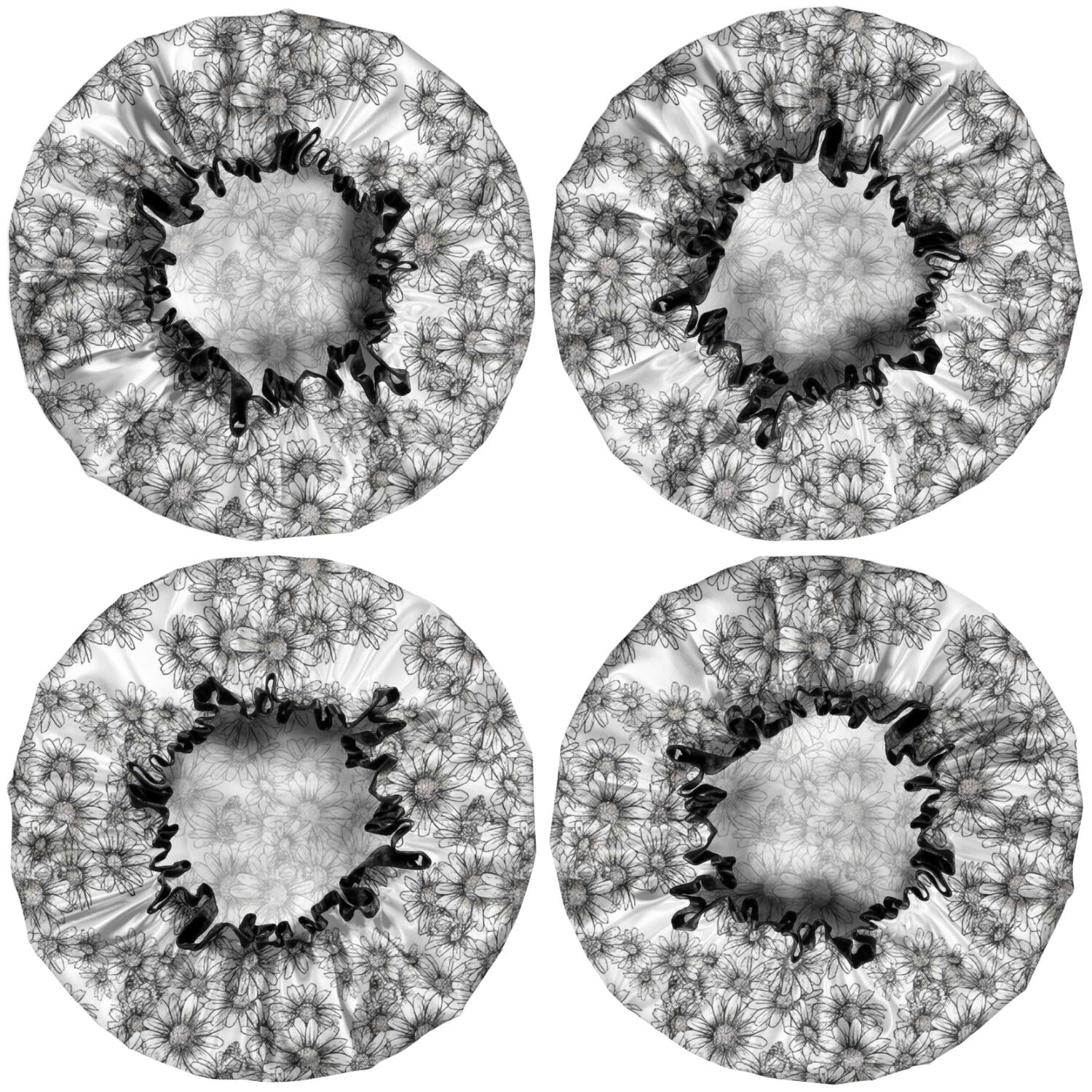Shower Caps,White Daisy Pattern Waterproof Shower Cap for Women 4 Pieces,Double Reusable Hair Cover for Shower PEVA Elastic Stretch Hem