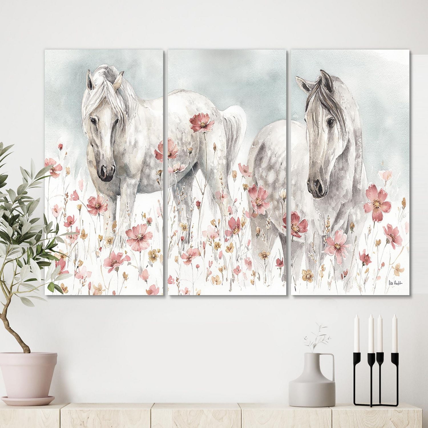 Designart aquarelles chevaux sauvages roses Art mural sur toile