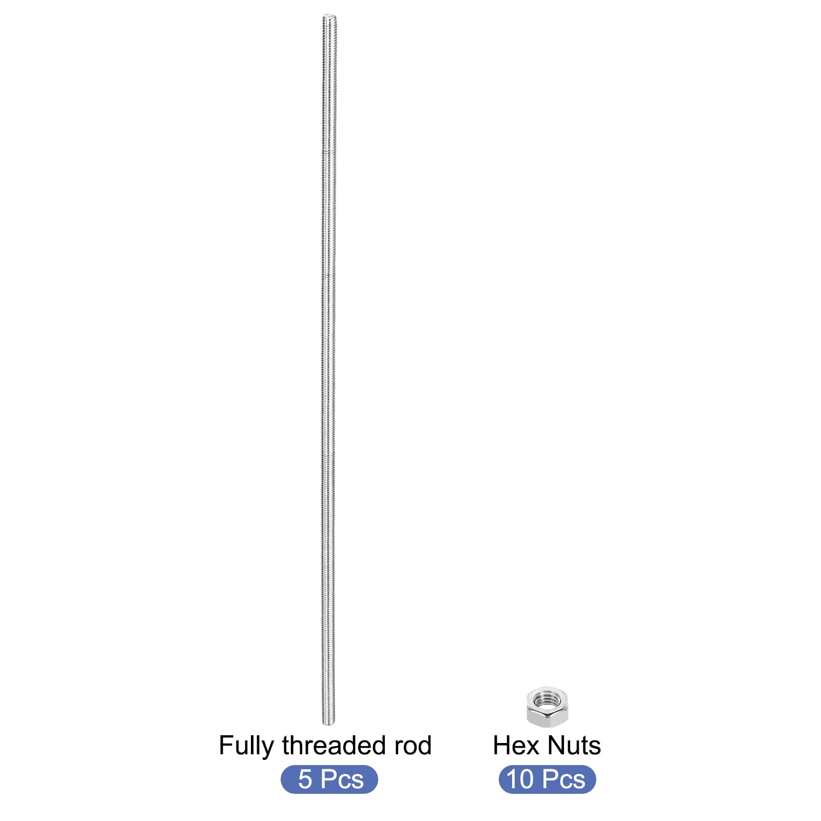 5Pack M5 x 400mm Fully Threaded Rod with 10 Pack Hex Nuts, 1.25mm Thread Pitch 304 Stainless Steel