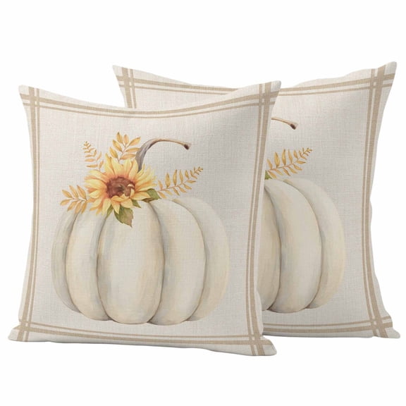 Outdoor Pillow Covers 16 x 16 Inches, Fall Waterproof Throw Pillow Cover Set of 2, White Pumpkins Thanksgiving Sunflower Leaf Stripe Decorative Square Cushion Covers for Patio/Tent/Couch/Garden