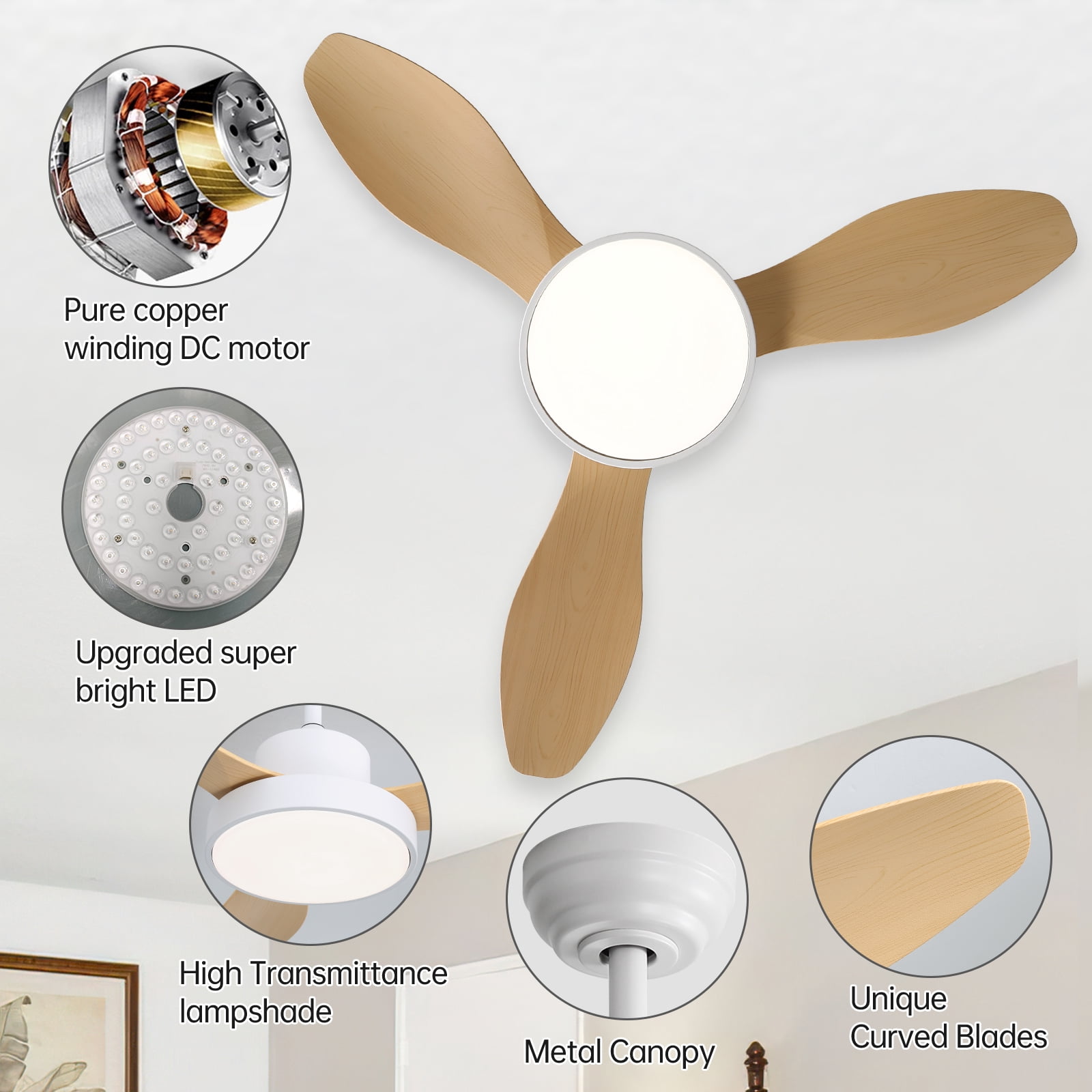 Sofucor 47-Inch Modern Ceiling Fan with LED Dimmable Lights, Remote, Reversible, 3CCT, Quiet 6 Speeds