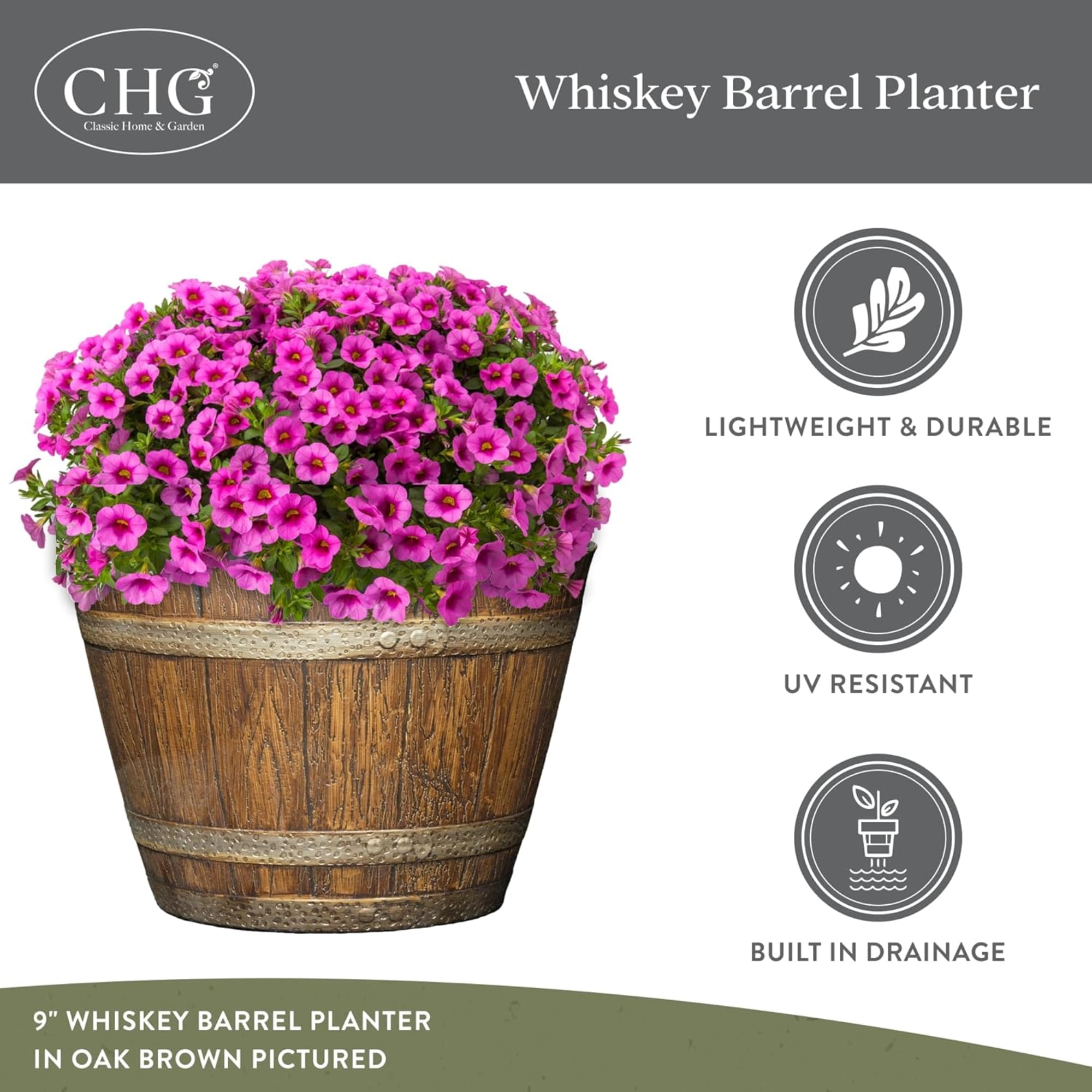 Classic Home and Garden Outdoor Round Whiskey Resin Flower Pot Barrel Planter, Kentucky Walnut Brown, 15"
