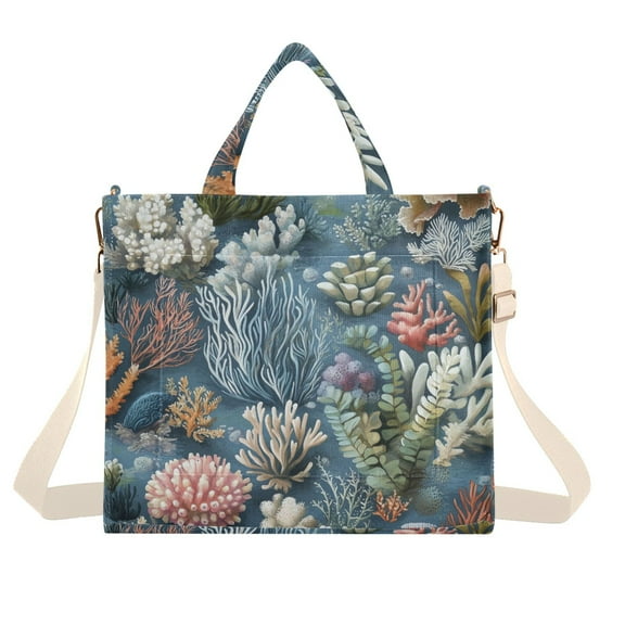 FORMRS Womens Corduroy Tote Bag Crossbody Shoulder Handbag with Pocket, Sea Plants Pattern