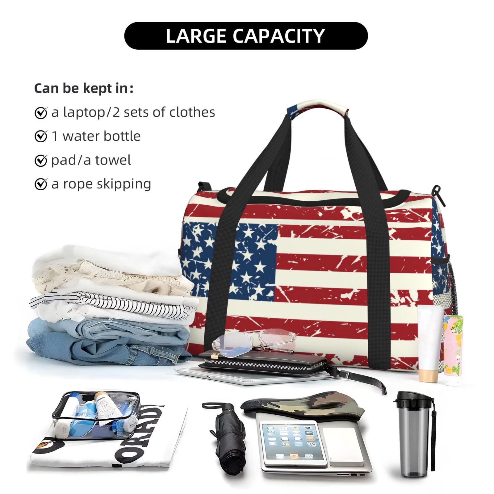 Defioc Vintage American Flag Print Hand Travel Bag - Foldable Travel Duffel Bags for Men Women -Sport Gym Bag - Overnight Travel Duffel Bag - Adjustable Shoulder Strap