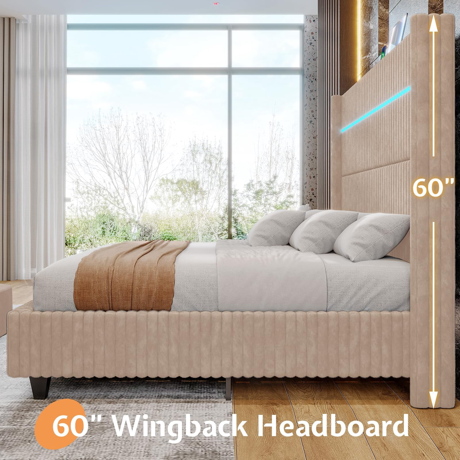VanAcc Queen Bed Frame with LED Lights Charging Station, Corduroy Upholstered Platform Bed Frame with 60" Tall Wingback Headboard/Beige