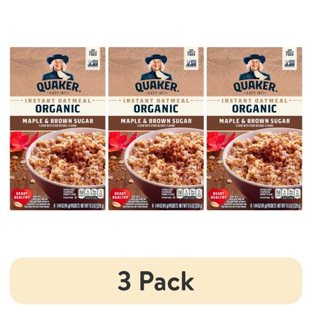 (3 pack) Quaker Instant Oatmeal, Organic, Maple & Brown Sugar, 1.44 oz, 8 Packets