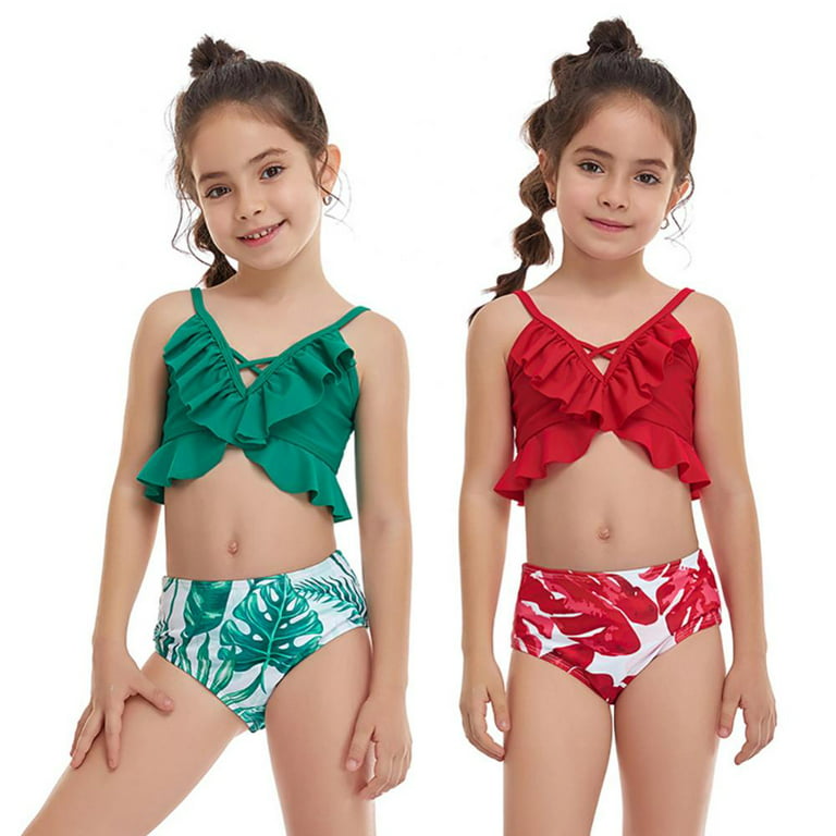 2020 2-14 Years Kids Toddler Teen Girls Adjustable Strap Bikinis Set Two  Piece Swimwear Cute Swimsuit Summer Beach Bathing Suit Q0104