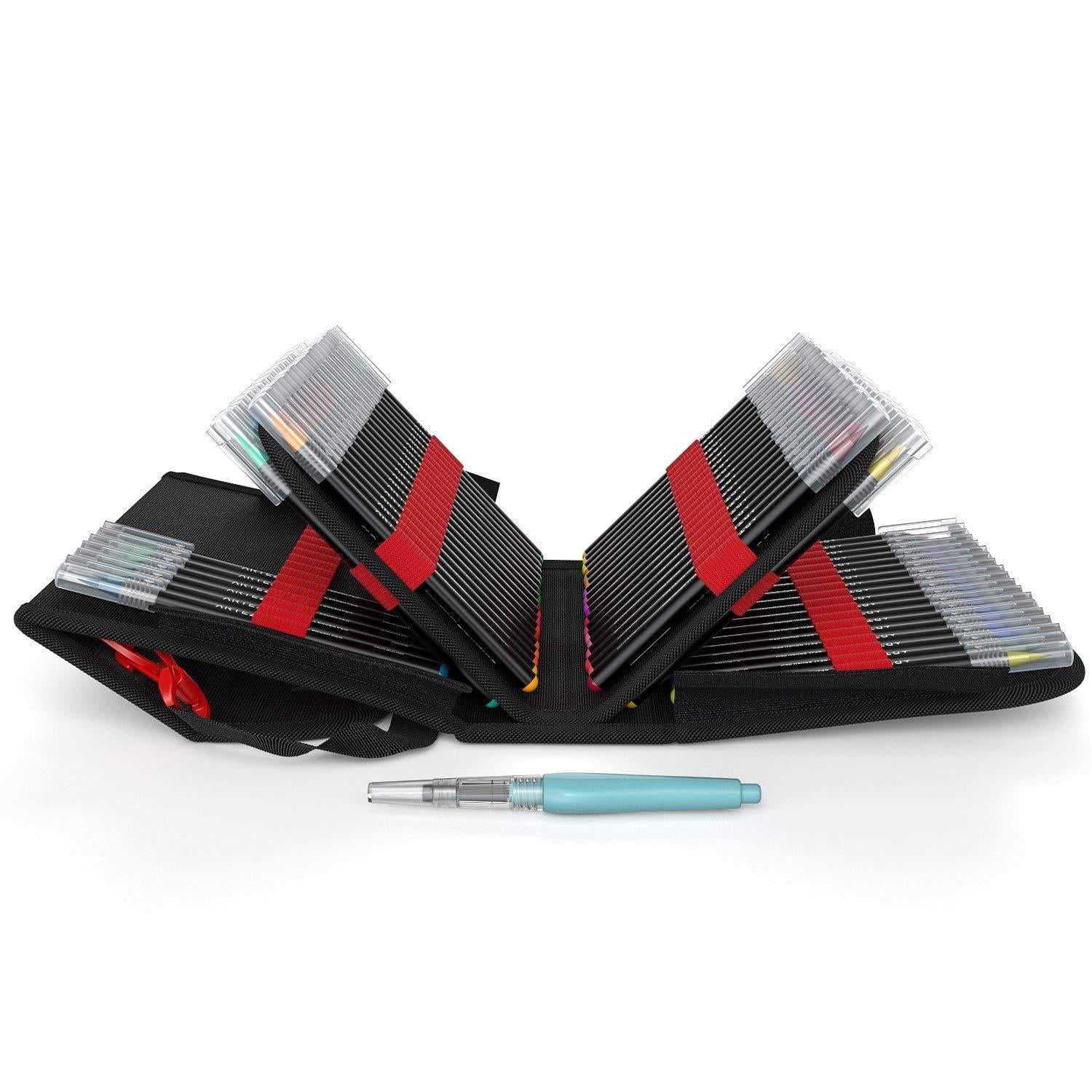 Arteza Real Brush Tip Artist Brush Pens Set, Blendable Ink, Assorted Colors, Travel Case