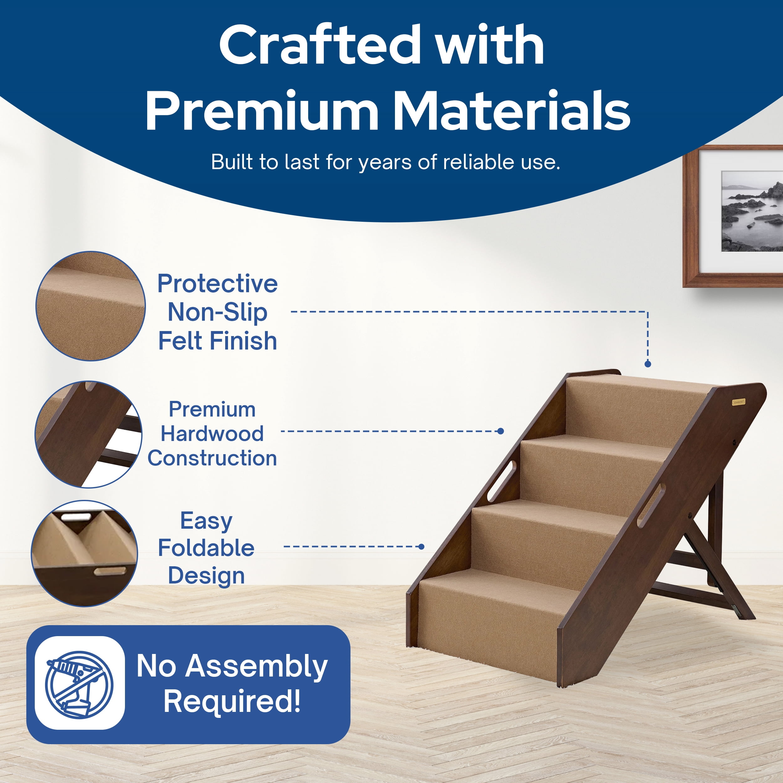 MECO Stakmore Foldable Pet Steps with Hardwood Construction, Espresso w/Brown Felt