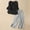 Black, variant on Women's Cotton and Linen Solid Color Suit 2-Piece Vintage 3/4 Sleeve top Wide Leg Pants Casual Suit with Pockets Navy M