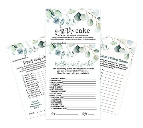 Greenery Bridal Shower Game Card Bundle (25 Guest Pack) Includes Word Scramble, Guess the Cake, Wedding Name, Famous Couples Trivia - Rustic Event Theme - Engagement, Rehearsal, Reception (5x7 Size)