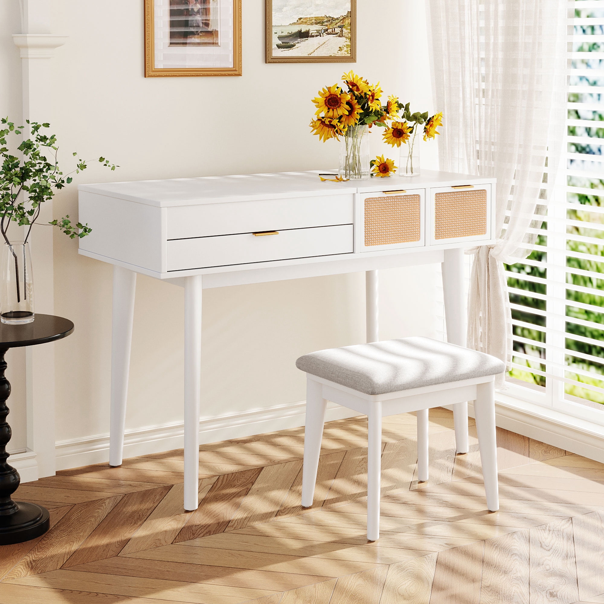 Yoneston 43.3" Classic Wood Makeup Vanity Set with Flip-top Mirror, Vanity Table with Cushioned Chair with Three Drawers and Storage Space for Bedroom, White