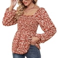 thumbnail image 4 of Homgro Women's Long Sleeve Shirt Ladies Casual Cute Floral Bishop Sleeve Top Soft Peasant Square Neck Shirred Ruffle Peplum Blouse Red 12-14, 4 of 5