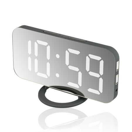 Alarm Clock Large Digital LED Display Sensor Automatic Portable Modern Battery Operated Mirror, Soft Light Snooze Desk, Night Mode (Included
