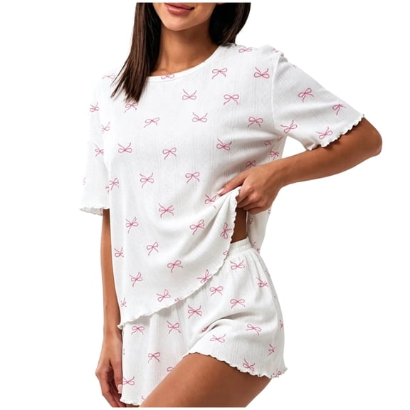 QINGFSAP Womens Bow Print Lounge Set Pointelle Knit Scalloped Trim Top and Shorts Sleepwear