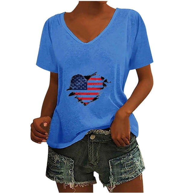 Camisetas Casuales de las Mujeres Gradiente Día de la Independencia Impreso Cuello Redondo, Blusa de Manga Corta para Diario, Fiesta Y Primavera Verano