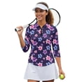 thumbnail image 2 of HUIACONG Watercolor Plumeria Floral Print Women's Golf Polo Shirts Quarter Zip Polyester Spandex Fabric with Versatile Ladies Golf Top 3/4 Sleeve for Womens, 2 of 10