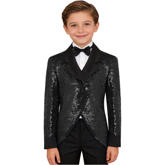 Hansber Boys' Sequins Tuxedo Suits Blazer Long Sleeve Jacket Swallow Tail Coat for Formal Evening Pageant Party Black 8
