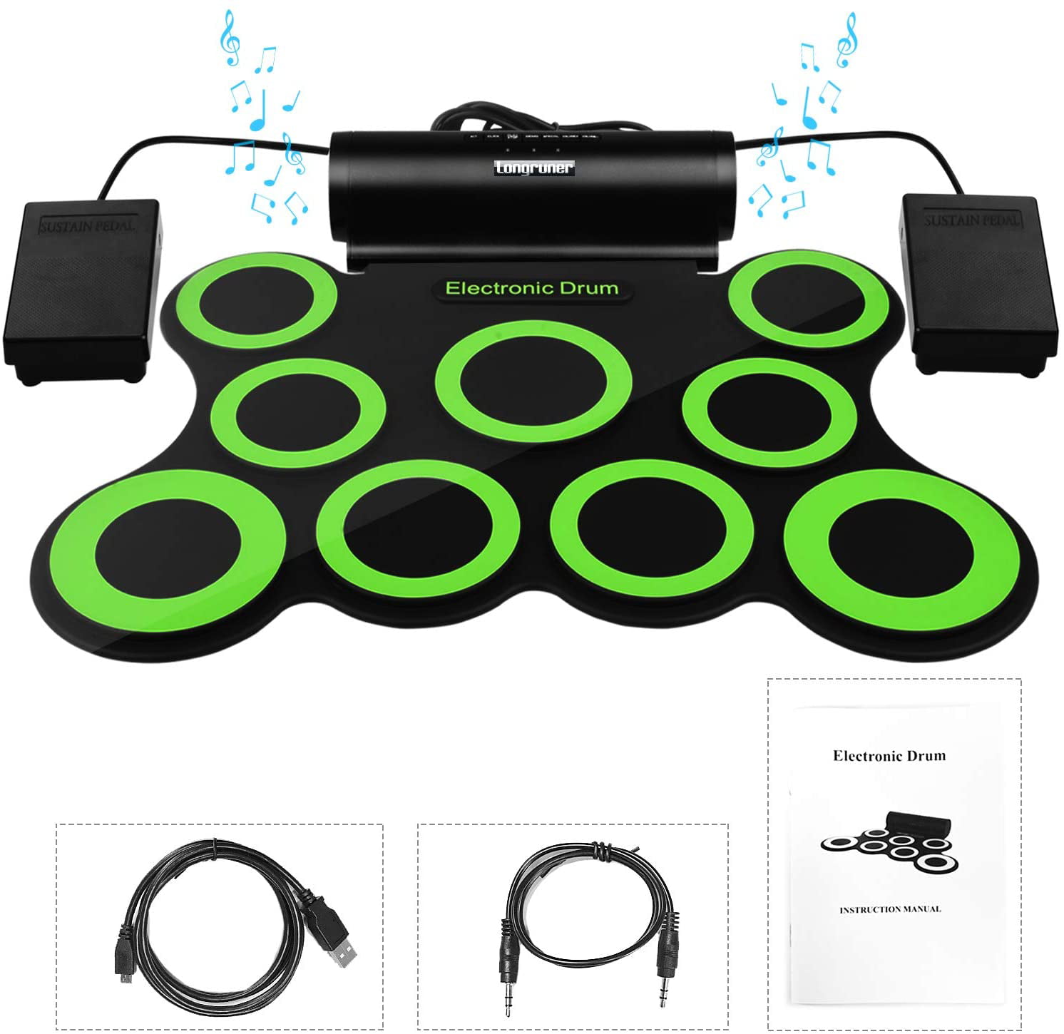 Longruner Foldable Roll Up Drum Kit with 7 Drum Practise Pads 2 Foot Drum Pedals 3 Drum Sticks Electronic Drum Set Headphone Jack Best Birthday Christmas Gift for Kids Children Starters 