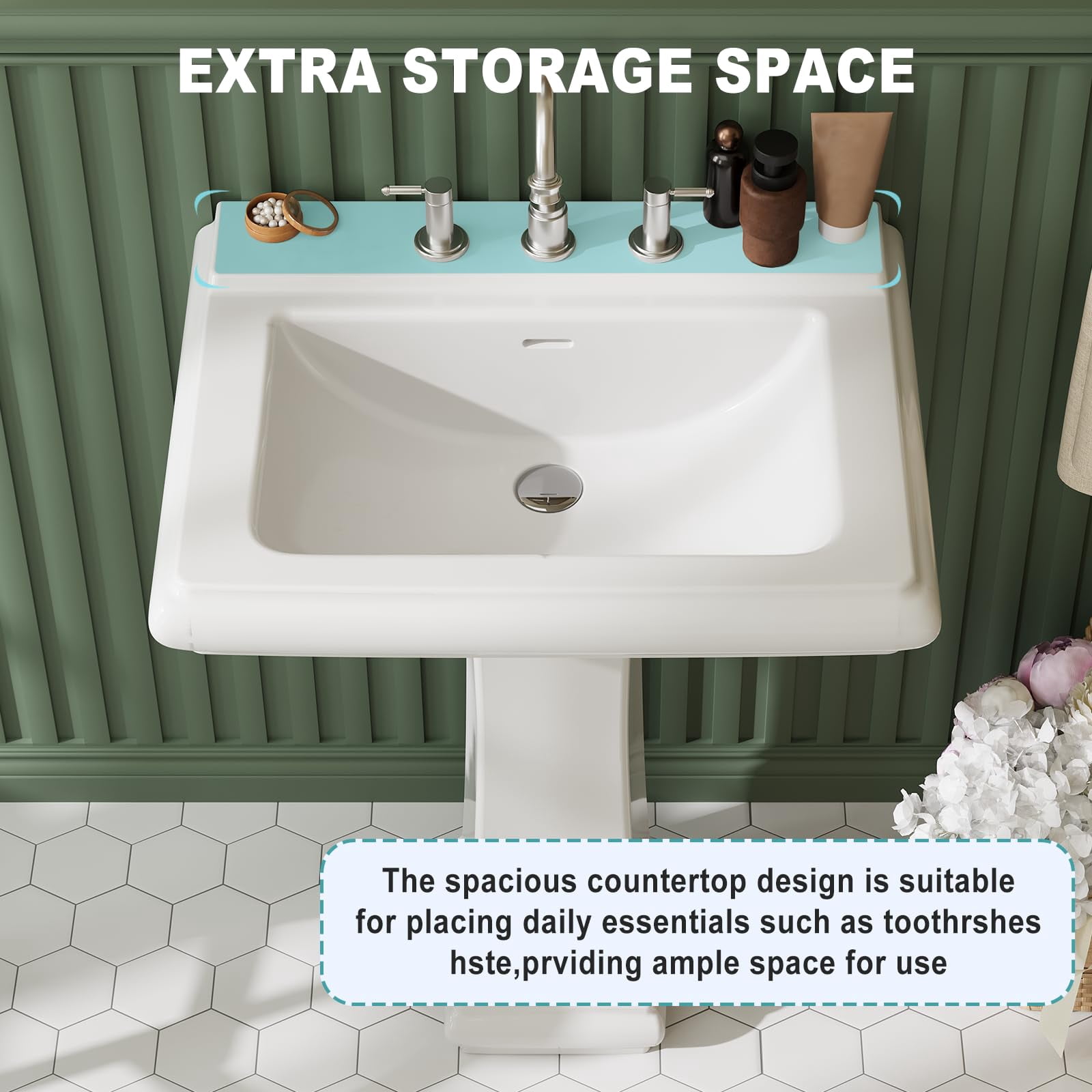 Pedestal Sinks, Ceramic Sink for Bathroom, Rectangular Shape, Space-Saving, Overflow & Single Faucet Hole
