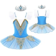 YONGHS Kids Girls Swan Lake Ballet Tutu Dress Camisole Skirted Leotard Dancewear 3-12 A -Type B Sky Blue 8-10
